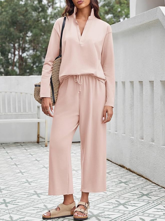 Imily Bela Womens 2 Piece Outfits Sweatsuit Long Sleeve Lapel V Neck Shirt and Wide Leg Pants 2025 Fall Trendy Tracksuit