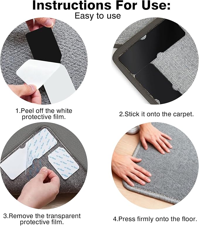 Washable Rug Grippers for Hardwood & Tile Floors, Reusable Non Slip Carpet Pads to Keep Corners Flat, Floor-Friendly Adhesive, Easy to Apply and Remove, Anti Curling Design (8 Pack)
