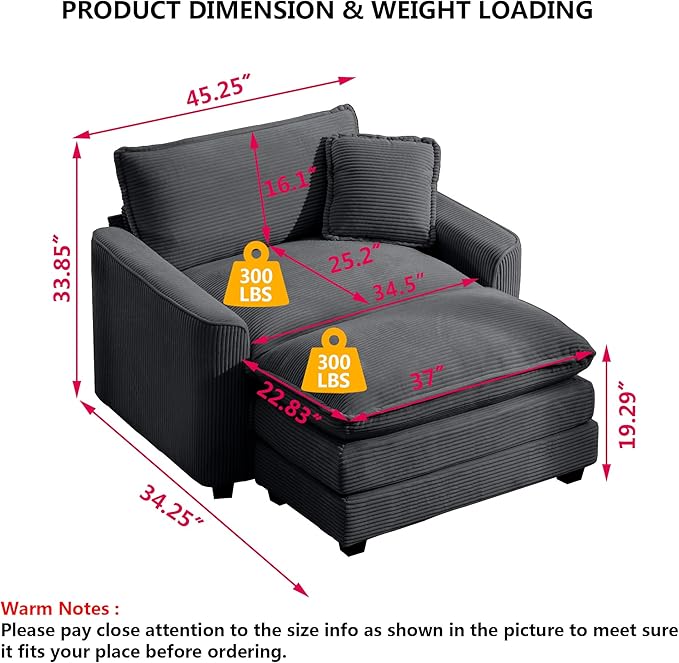 Aoowow Corduroy Large Armchair with Ottoman,Upholstered Indoor Chaise Lounge Chair,Oversized Single Sofa Chairs with Footrest,Single Cloud Sofas Couches for Living Room (Grey, Sofa Chair + Ottoman)