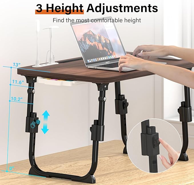 DECOSIS Laptop Desk for Bed Height Adjustable, Lap Bed Table with USB/Storage Drawer/Cup Holder/Tablet Stand/Book Shelf, Foldable Breakfast Tray Portable for Reading Writing, Sofa & Floor, Walnut