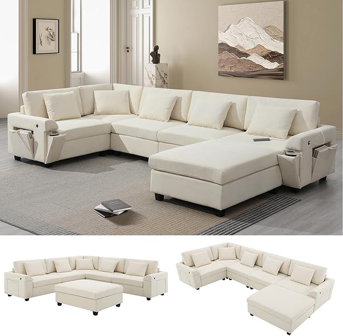 Furnimart 128" U Shaped Sectional Sofa, 5 Seat Chenille Couch Set with Oversized Chaise Lounge, Hidden Armrest Storage and Cup Holders, USB Charging Ports, Deep Seat Sofa for Living Room, Beige