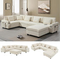 Furnimart 128" U Shaped Sectional Sofa, 5 Seat Chenille Couch Set with Oversized Chaise Lounge, Hidden Armrest Storage and Cup Holders, USB Charging Ports, Deep Seat Sofa for Living Room, Beige