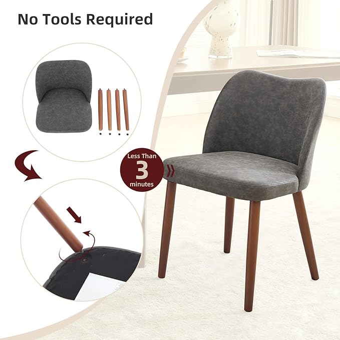 ElfinAura Dining Chair Set of 6, Leather Upholstered Dining Chair with Wood Legs, Wing Backrest, Wooden Kitchen Chair, Kitchen Chairs with Thick Cushions for Dining Room, Living Room, Dark Grey