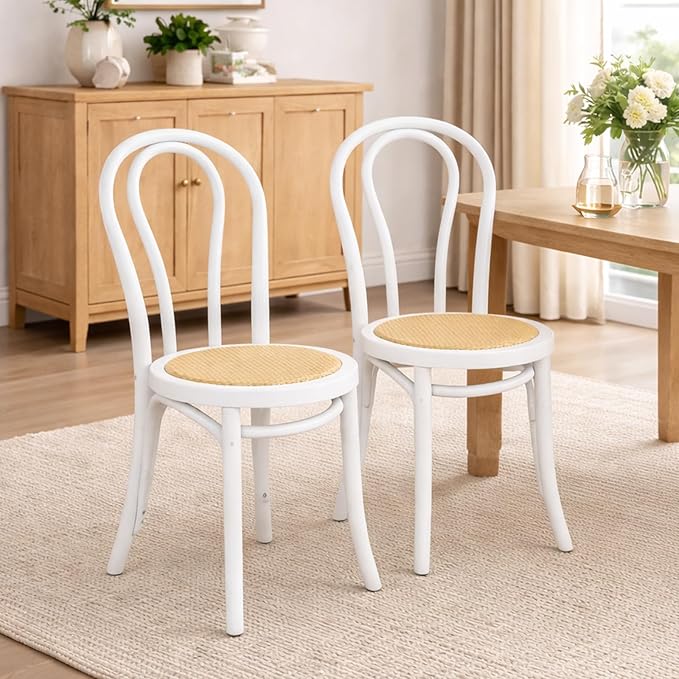 DM Furniture Wedding Chairs, Rattan Dining Chairs Set of 6 French Bistro Chair with Backrest Bentwood Cafe Chair for Dining/Kitchen Room,Home,Banquet, No Assembly Required, White Wood