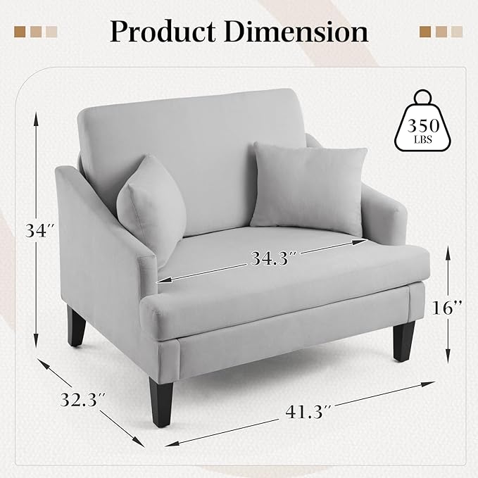 Bezseller Oversized Accent Chair, 33.5'' Wide Seat Comfy Armchair with 2 Pillows, Upholstered Big Reading Chair, Modern Single Sofa Chair for Living Room Bedroom Apartment Office, Grey