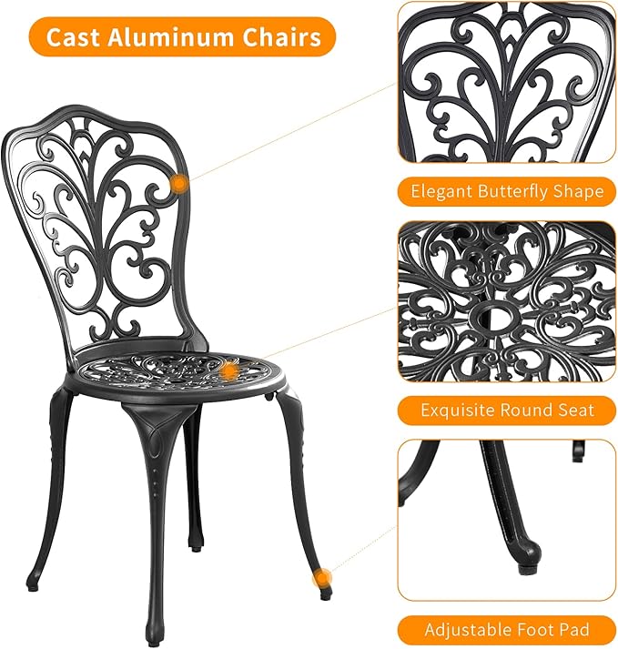 Withniture Outdoor Bistro Set 3 Piece Patio Bistro Set, Cast Aluminum Bistro Table and Chairs Set of 2, Small Patio Table Set for Porch, Black
