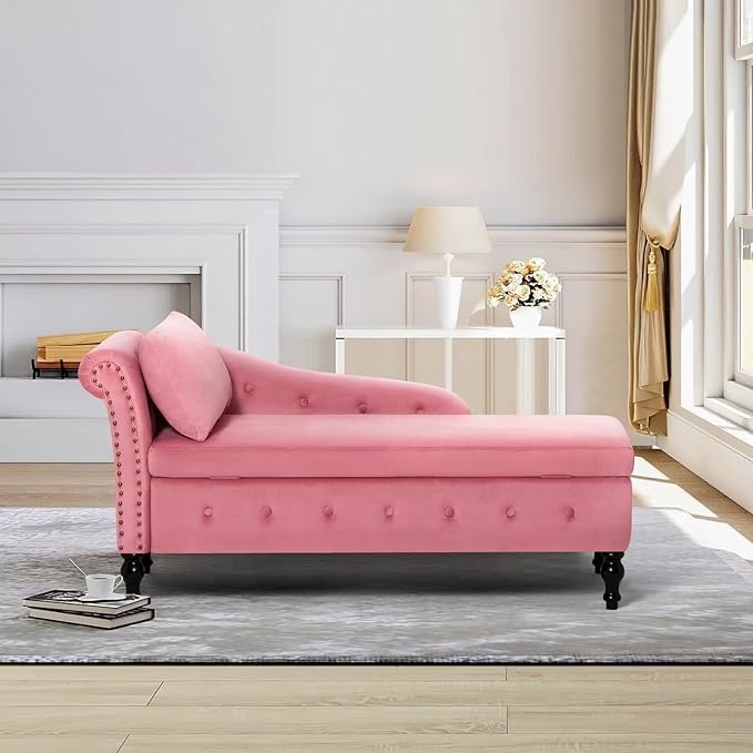 ACMEASE Upholstered Velvet Chaise Lounge with Left Armrest & Storage Space,Button Tufted Lounge Chair w/Lumbar Pillow,Modern Lounge Chair for Bedroom, Living Room and Office,Pink