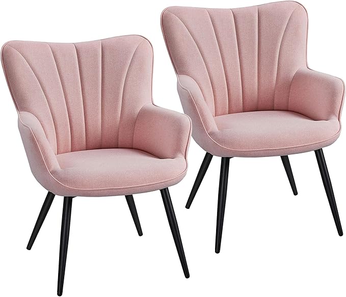 Yaheetech Accent Chair, Modern and Elegant Armchair, Linen Fabric Vanity Chair, Comfy Living Room Chair with Metal Legs and High Back for Living Room Bedroom Office Waiting Room, Set of 2, Pink