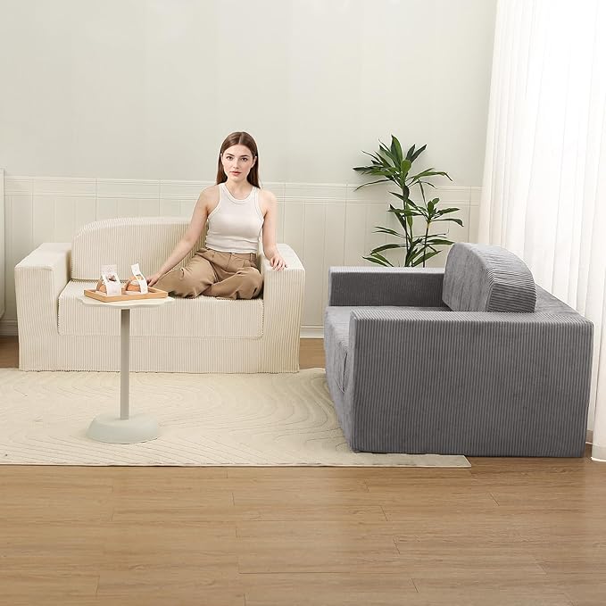MeMoreCool Convertible Sofa Bed – Small Beige Fold Out Couch for Adults, Corduroy Floor Sleeper Loveseat Compact Trifold Sofa | Boneless Cloud Couch | No Assembly | Guest Bed for Bedroom & Apartment