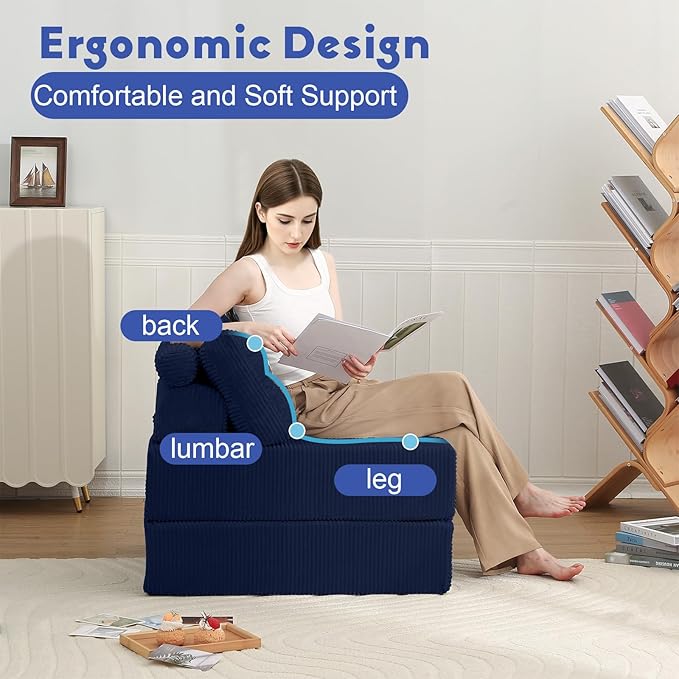MeMoreCool Folding Sofa Bed Single – Convertible Sleeper Chair with Pillow, Navy | Foldable Mattress Back Support Portable Fold Out Chair Bed Comfy Floor Sofa Lounge for Living Room Bedroom