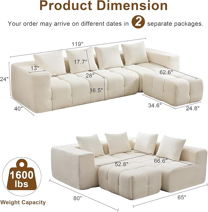 119" Boneless Couch, Cloud Sectional Couch with Deep Seat, High-Density Memory Foam and Chaise, Sectional L Shaped Sofa, Boneless Couches for Living Room, No Assembly Required Tufted Sofa, Beige