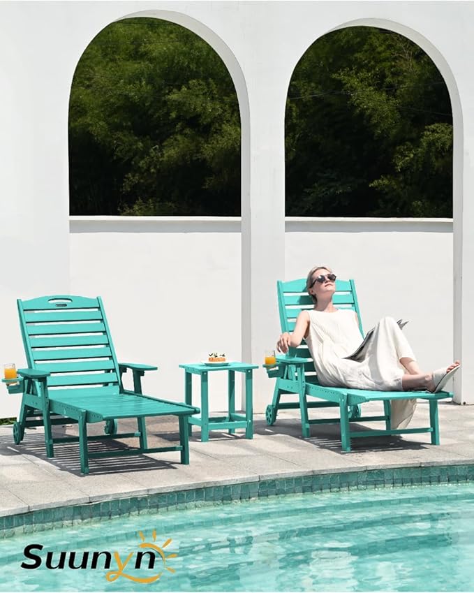 Lounge Chair Outdoor, Chaise Lounge Outdoor, HDPE 6-Position Lounge Chair for Outside, Patio Lounge Chair with Wheels & Cup Holder for Pool Poolside Deck Backyard, Lake Blue