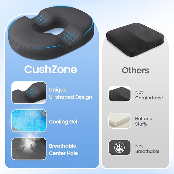 CushZone Donut Pillow Seat Cushion - Cooling Gel Floor Pillow, Memory Foam Floor Cushion for Office & Home, Car Seat, Hemorrhoids Pillow, Sciatica & Tailbone Pain Relief Chair Cushion, Grey