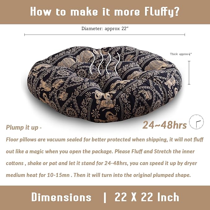 Boho Round Floor Seat Pillows Cushions 22" x 22", Soft Cotton Linen Bohemian Yoga Mandala Meditation Pouf Tatami Floor Pillow Cushion for Living Room Adults & Kids Casual Reading Nooks,Elephant B