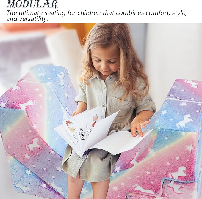 MeMoreCool Unicorn Modular Kids Sofa, Foam Couch Sofa with Slide & Stair Design, Convertible Glow Kids Couch for Playroom, Sectional Child Furniture for Bedroom Living Room, Unicorn Rainbow