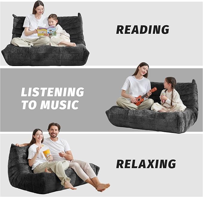 Homguava Bean Bag Chair, Giant Beanbag Chairs for Adults, Memory Foam Fireside Chair, Large Lazy Floor Sofa, Sofa Couch with High-Rebound Foam, Lounge Chair for Living Room, Bedroom (Grey, Loveseat)