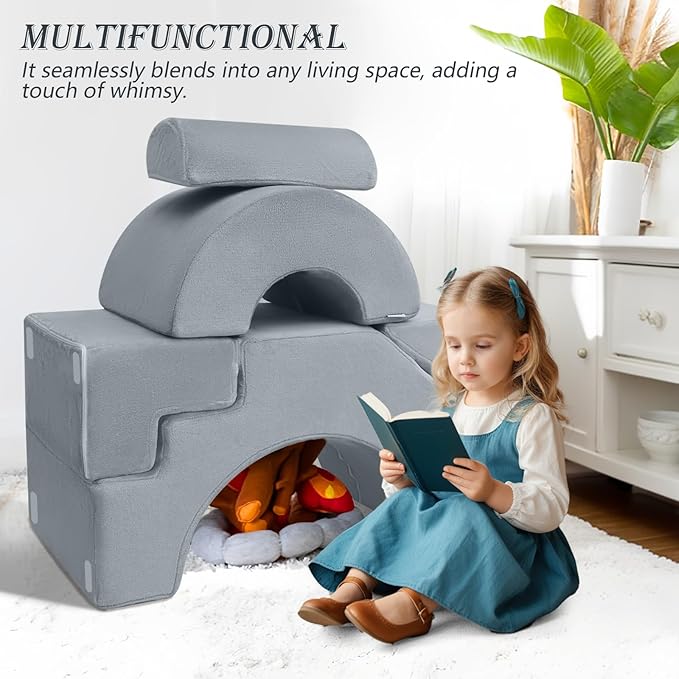 MeMoreCool Modular Kids Sofa – Convertible Foam Couch with Slide & Stair, Playroom & Bedroom Sectional Child Furniture | Soft Washable Cover | Ages 3+ | Grey