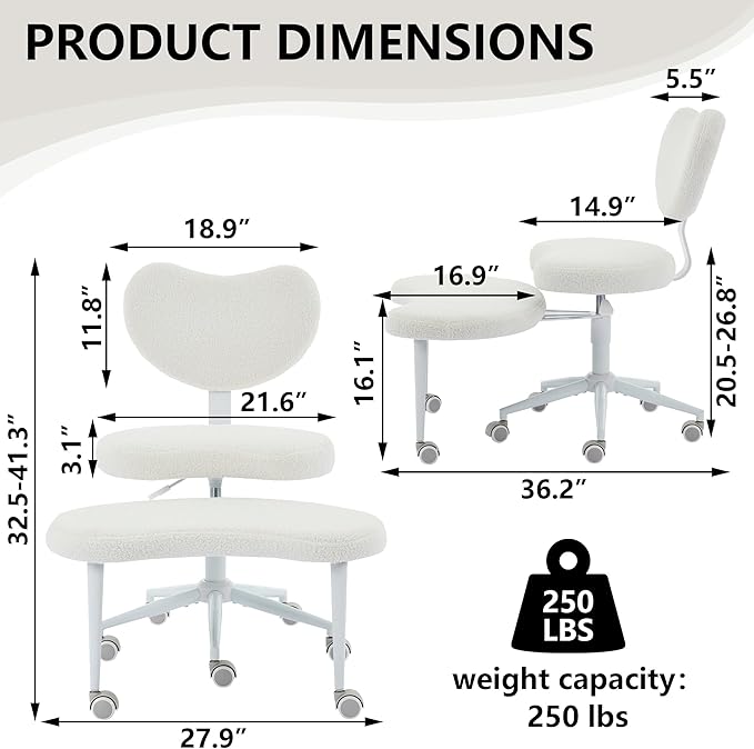 Meditation Chair with Lumbar Support,360° Swivel Cross Legged Chair with Wheels, Ergonomic Cross Legged Office Chair for Adults with ADHD, Height-Adjustable Yoga Chair, Teddy Fabric, Ivory