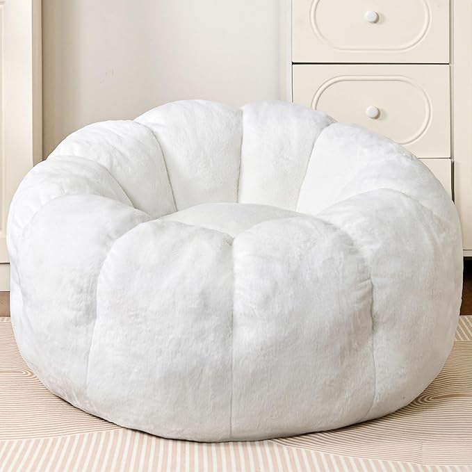 Bean Bag Chairs for Adults, Teens Beanbag Reading Chair with Petal Arm Rest, Comfy Faux Fur Fluffy Bean Bag for Youth Living Room, Bedroom, Dorm, Game - White, Large, Low Support