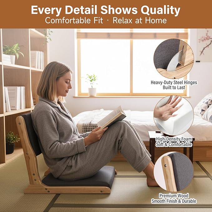 Tiita Foldable Tatami Chair, Japanese loor Chair, Wood Legless Back Rest Chairs with Cushion, Accent Meditation Floor Chairs Bay Window, Wood Dark Grey