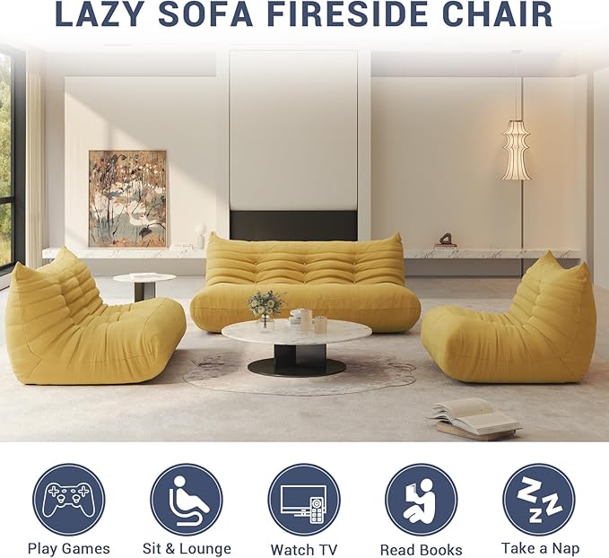 Bean Bag Chair for Adults, Fireside Chair Lazy Floor Sofa, Modern Corduroy Fabric Caterpillar Sofa Couch, Armless Foam Lounger Tatami Recliner Bean Bag Couch for Living Room Bedroom Dorm Office