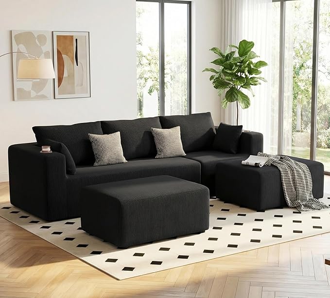 Furnimart 112" Oversized 3 Seater Sleeper Couch, Sectional Sofa Bed Boneless Cloud Couches for Living Room, Modern Deep Seat Modular Sofa, No Assembly Corduroy Black