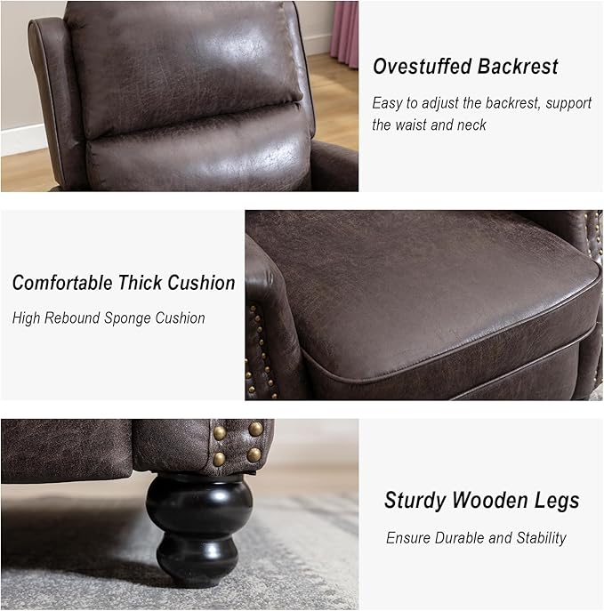 CANMOV Pushback Recliner Chair Set of 2, Faux Leather Armchair Push Back Recliner with Rivet Decoration Single Sofa Accent Chair for Living Room, Dark Grey