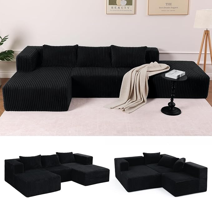 Favoduerme 117” Cloud Sectional Couch for Living Room, L-Shape Modular Convertible Sofa with Chaise, 4 Seater Boneless Couch for Apartment, Large Seat Sofa with Throw Pillow, No Assembly, Black