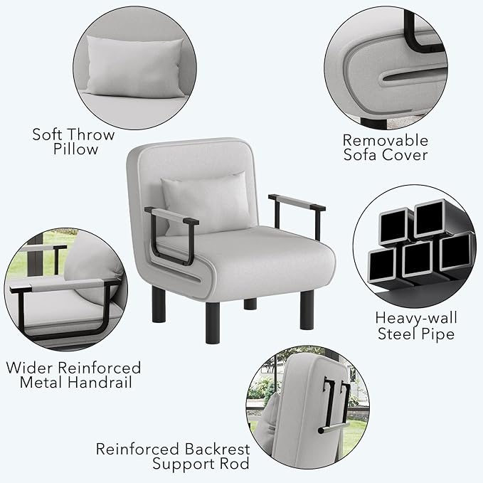 Furniliving 4 in 1 Folding Sofa Bed Chair, Convertible Sleeper Chair Bed with 6-Position Adjustable Backrest, Upholstered Chaise Lounge with Pillow, Accent Chairs for Bedroom/Office, Linen, LightGrey