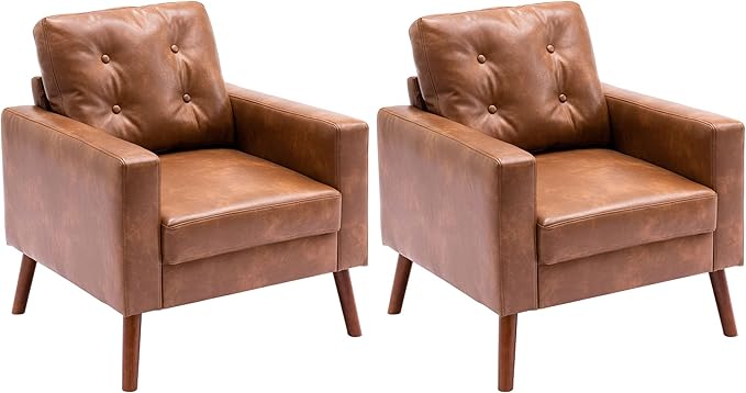 VESCASA Tufted Accent Arm Chairs with Wood Legs, Faux PU Leather Comfy Upholstered Single Sofa, Mid Century Modern Side Club Leisure Chairs for Reading/Living Room/Bedroom, Set of 2, Caramel