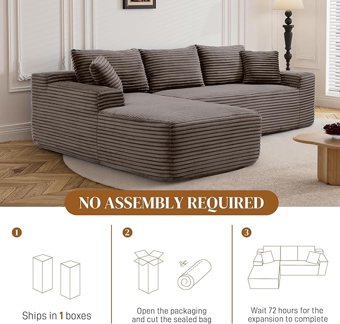 95" Boneless Cloud Sectional Couches for Living Room, Comfy Fluffy L Shaped Memory Foam Deep Seat Boneless Couch, Modular Sectional Sofa with Left Facing Chaise, Brown