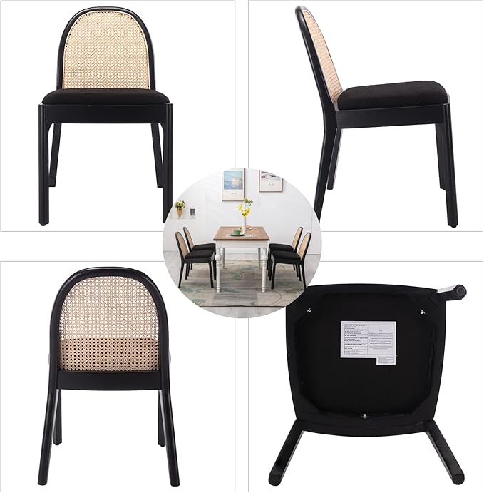 DUOMAY Mid-Century Modern Rattan Dining Chairs Set of 2, Wooden Dining Room Chair with Cane Backrest and Padded Seat, Black Sherpa Upholstered Dining Chair, Black Finish