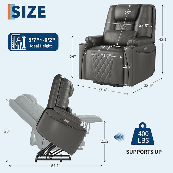 Power Lift Recliner Chair, Easy Lift Assist for Elderly, 3-Position Recline, Storage Pockets & Cup Holders, USB Charging Ports, Remote Control Operation, Living Room or Bedroom Comfort, Grey