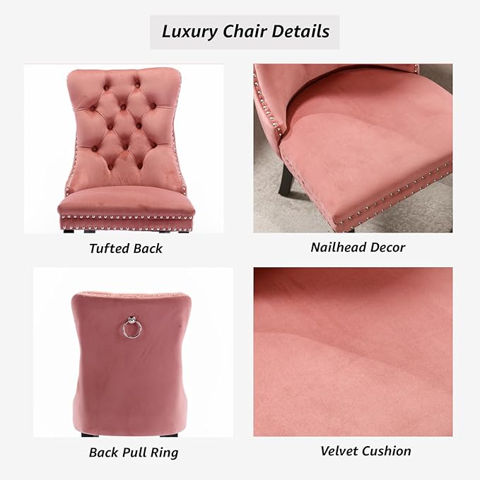 YeahFurn Pink Mid Century Modern Dining Chairs Set of 6, Velvet Upholstered Kitchen & Dining Room Chairs with Nailhead Trim & Solid Wood Legs, Elegant Sillas De Comedor (Pink, 6 Pcs)