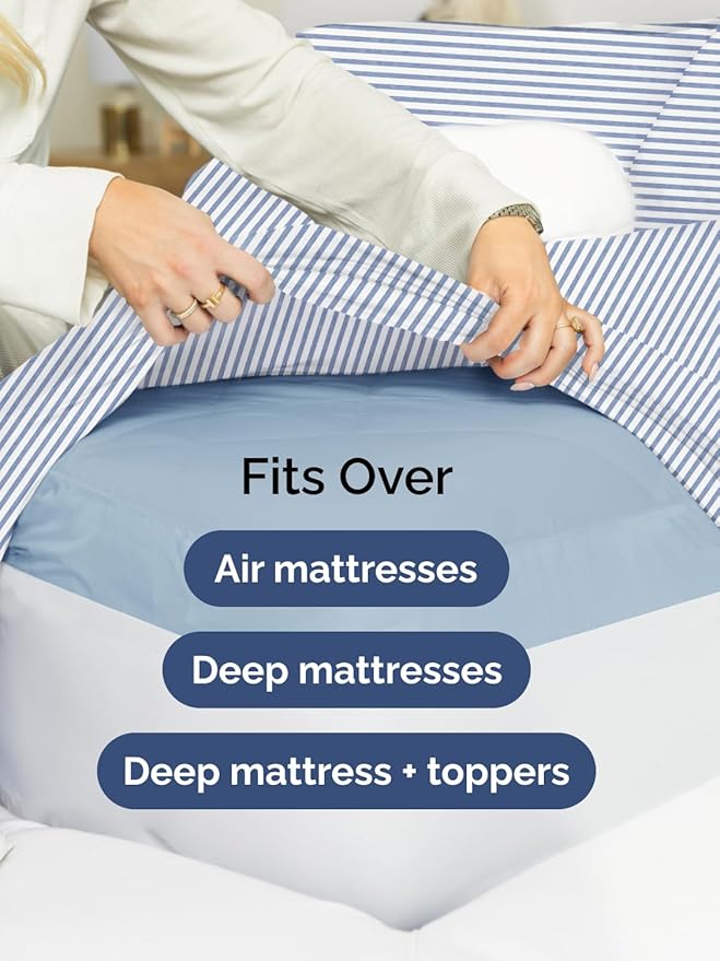 Extra Deep Pocket Cal King Sheets - 4 Piece Breathable & Cooling Bed Sheets - Hotel Luxury Bed Sheet Set - Soft, Wrinkle Free & Comfy - Easily Fits Extra Deep Mattresses - Blue Striped Sheets Set