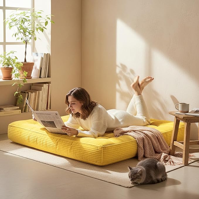 Vercraft 63 Inch Folding Bench Cushion, 4 Inch Thick 2-in-1 Convertible Long Floor Lounger Boneless Cushions Couch Mattress Upholstered for Yoga, Reading, Sleeping, Meditation Living Room(Yellow)