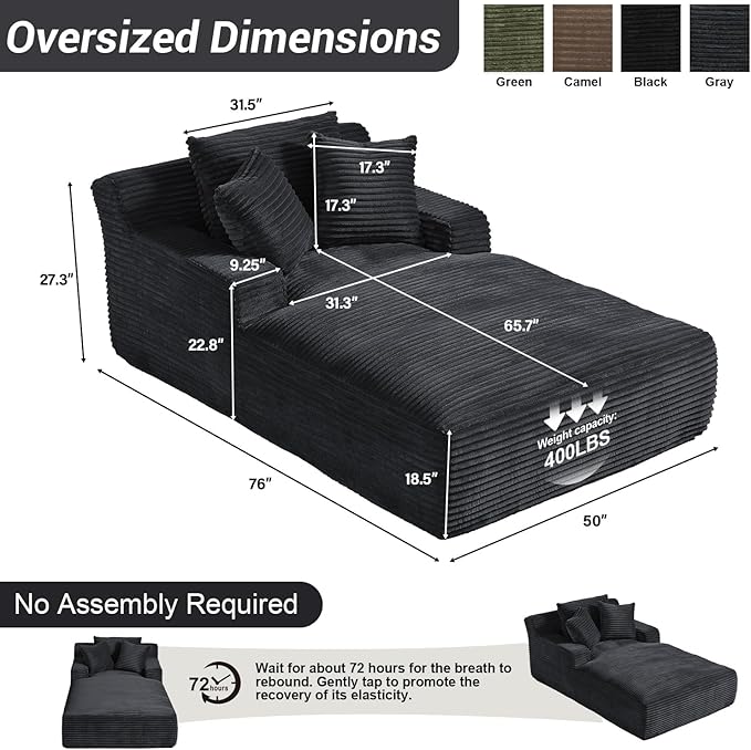 50"W x 76"D Oversized Chaise Lounge Chair Indoor Boneless Reading Chair Plush Corduroy Recliner Large Deep Seat Upholstered Sleeper Comfy Sofa Couch with 3 Pillows for Living Room Bedroom, Dark Gray