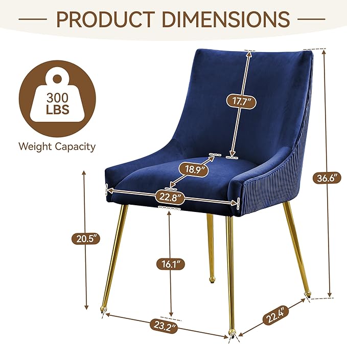 WUTUTUEE Velvet Dining Chairs Set of 4 Gold Legs,Upholstered Velvet Accent Chairs, Pleated Back Design & Gold Pull Handle, Mid Century Modern Chairs for Dining/Kitchen/Living Room,Blue
