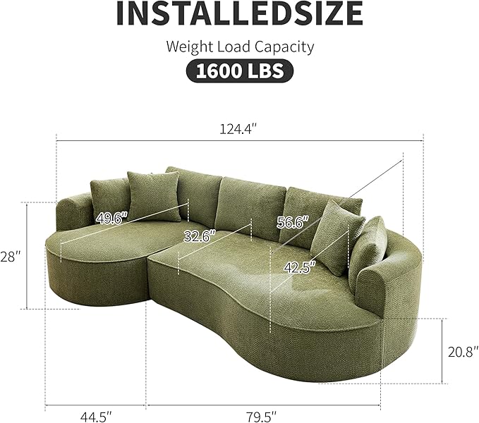 Opiesit 124" Oversized Boneless Couches for Living Room, Sectional Curved Sofa with 7 Pillows, L-Shape Boneless Couch with Deep Seat, High-Density Memory Foam, No Assembly Required, Chenille (Green)