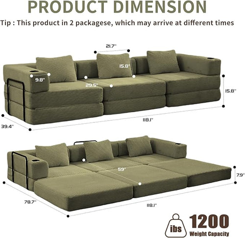 118" Oversized Convertible Floor Sofa Bed, Boneless Foldable Mattress Cloud Couch with Pillow Back & Armrest, Fold Out Floor Couch with Cup Holder for Living Room Bedroom Lounge, Corduroy, Olive