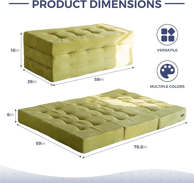 MAXYOYO Tri-Fold Mattress, 6 Inch Tufted Folding Futon Foam Bed, Foldable Floor Mattress Guest Bed Futon Topper Portable Camping Sleeping with Corded Fabric, Green, 59"x79"