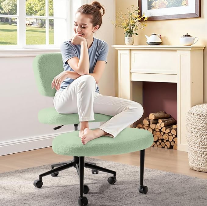 Waleaf Ergonomic Cross Legged Office Chair, ADHD Chair for Adults, Height Adjustable Meditation Chair with Wheels, Teddy Fabric Yoga Kneeling Chairs with Comfortable Back Support (Green)