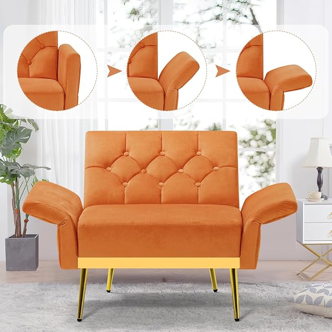 ACMEASE Velvet Accent Chair w/Adjustable Armrests and Backrests, Tufted Single Sofa with Ottoman, Upholstered Reading Chiar for Living Room, Apartment, Bedroom, Orange