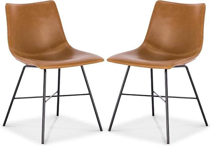 POLY & BARK Paxton Leather Dining Chairs – Set of 2 Modern Dining Room Chairs with Low Back – Faux Leather Upholstery and Matte Black Steel Base – Comfortable Seating for Stylish Interiors – Tan