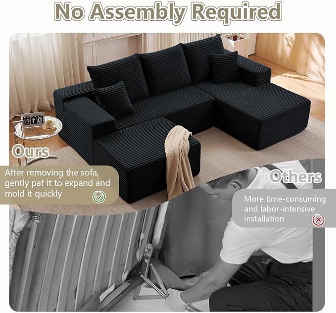Lakifun 107" U-Shape Cloud Couch, Modern Modular Sectional Comfy L-Shape Sofa with Ottoman, Deep Seat, Upholstered Corduroy Sleeper Chaise Longue for Living Room Bedroom, No Assembly Required, Black