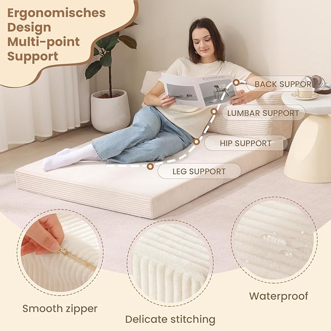Folding Sofa Bed, Convertible Sleeper Chair with Pilow Foldable Matress, 2 in 1 Pull Out Loveseat Sofa Portable Fold Out Chair Bed Floor Couch Lounge for Living Room Bedroom (Beige, Queen)