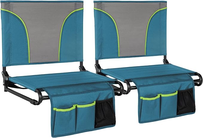 HIGH POINT SPORTS Folding Stadium Seat Bleacher Chair with Mesh Bag and Hide Hooks, Portable Stadium Chair with Back, Outdoor Comfort Chair, Blue Green