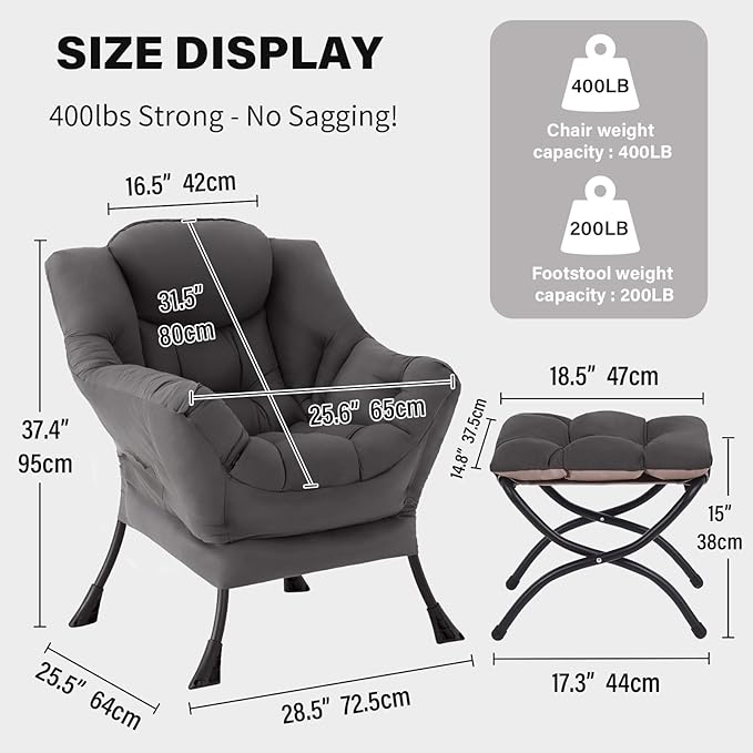 Tiita Lazy Chair, Modern Large Accent Lounge Armchair, Comfy Leisure Sofa Reading Chair for Bedroom, Living Room, Dorm Rooms, Garden and Courtyard, Dark Grey