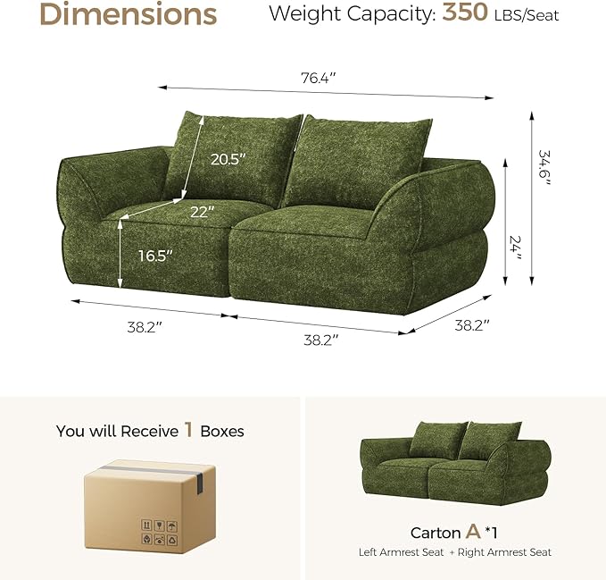 76.4" Cloud Loveseat Sofa, Deep Seat Couch with Pillows, Modern Comfortable Upholstery Boneless Sofa, 1 Piece for Living Room, Bedroom, Apartment, Removable Cover，No Assembly Required, Algae Green