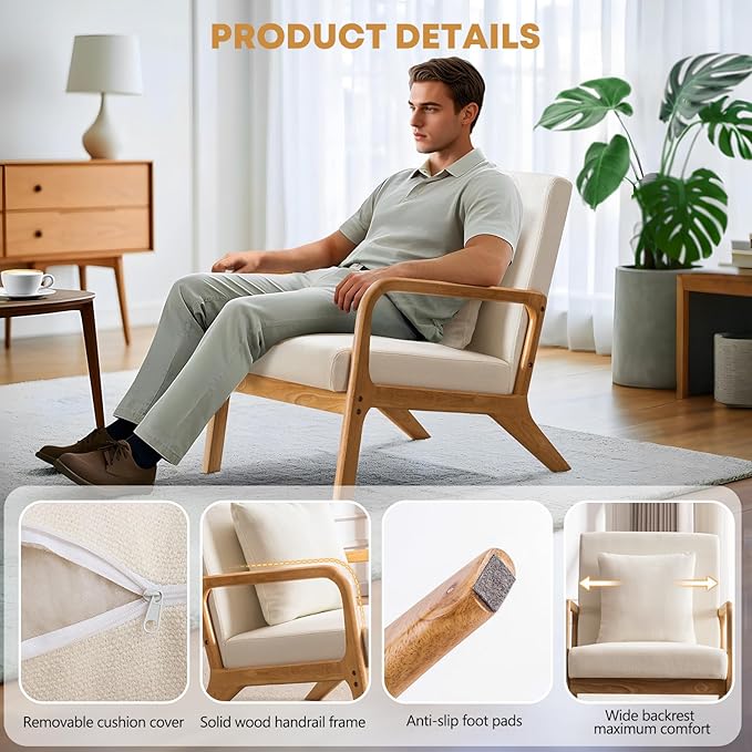 ELUCHANG Mid-Century Modern Accent Chair with Lumbar Pillow, Linen Fabric Comfy Lounge Side Upholstered Reading Armchair for Living Room Bedroom Apartment,Easy Assembly(Beige,2pcs)